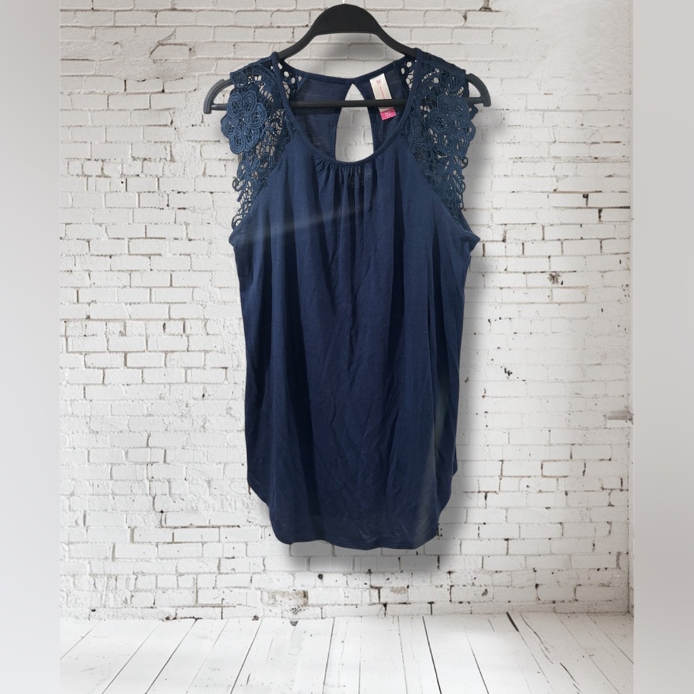 Navy Blue Lace Shoulder Women's Top